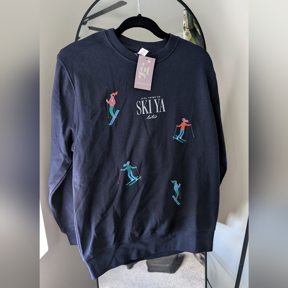 Navy Crewneck Sweater with Ski Embroidery